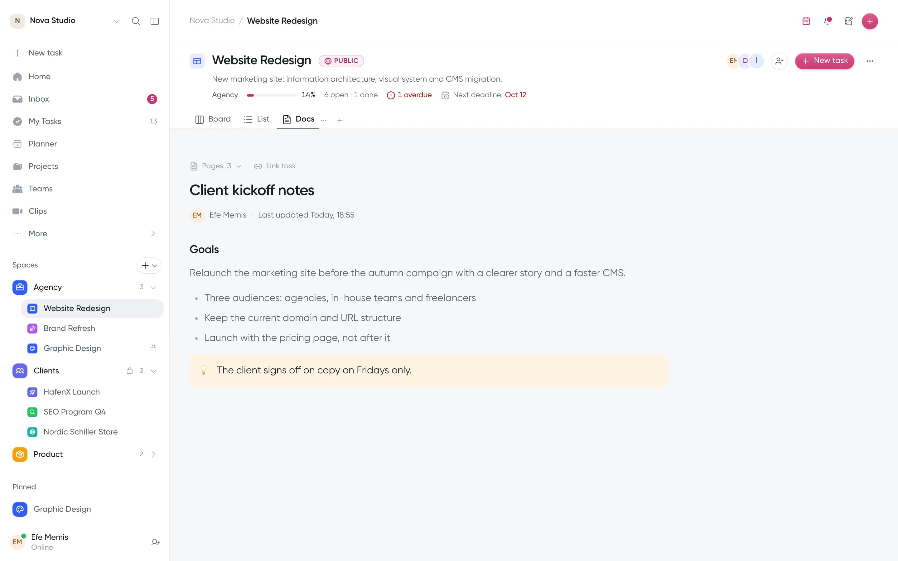 A project doc with goals, a list and a highlighted note