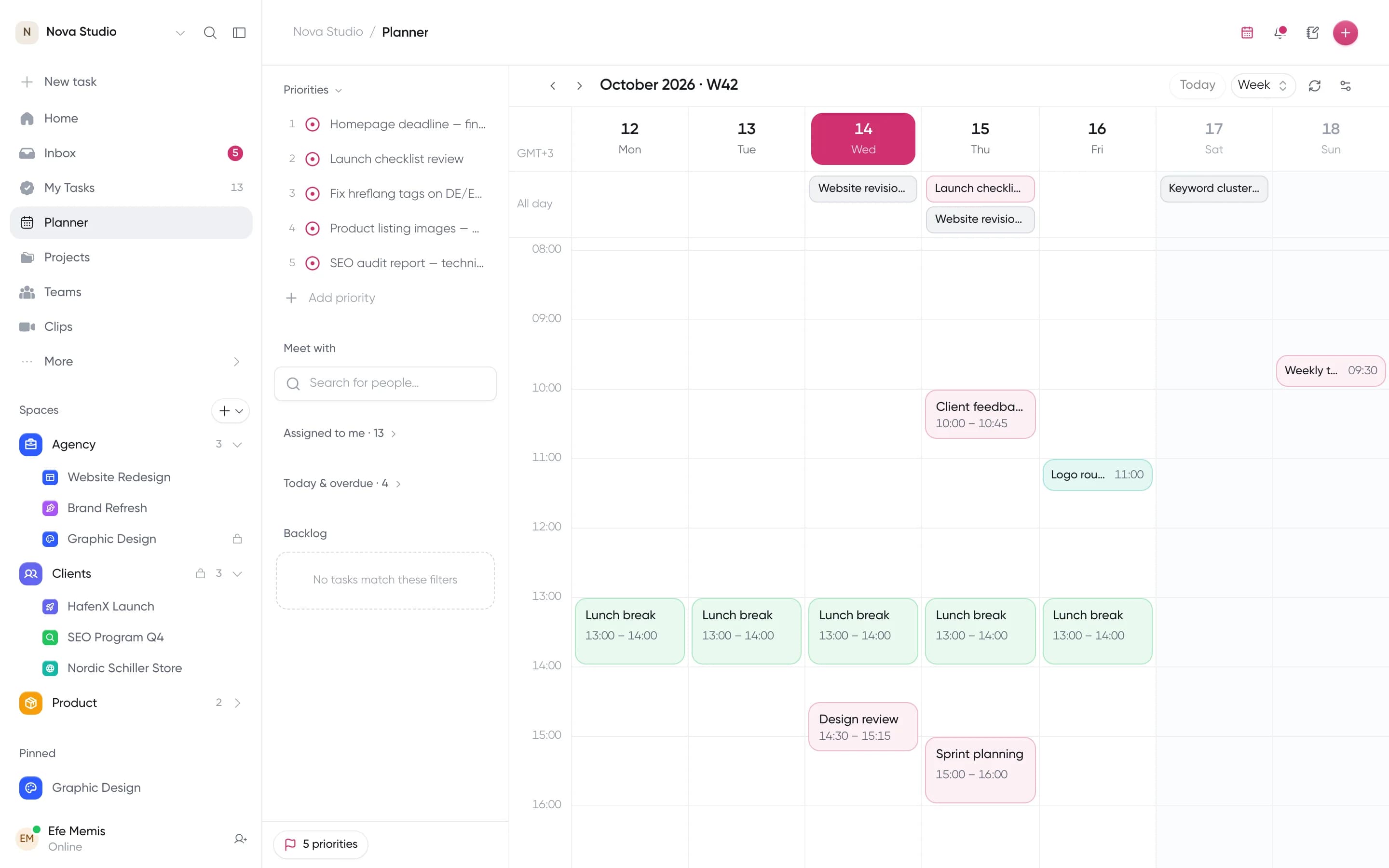 The planner’s week view with events and priorities