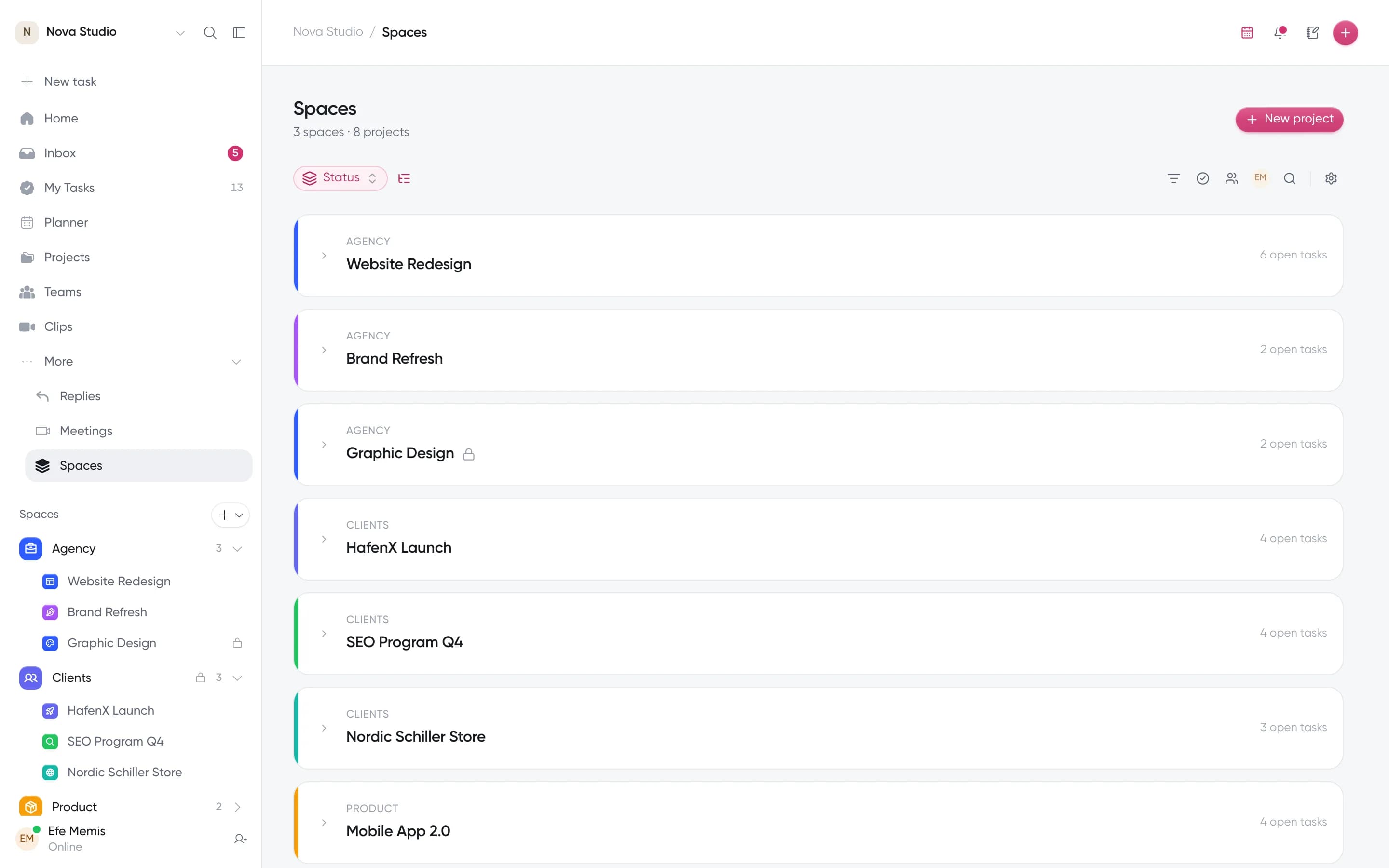 Spaces with their projects and open tasks