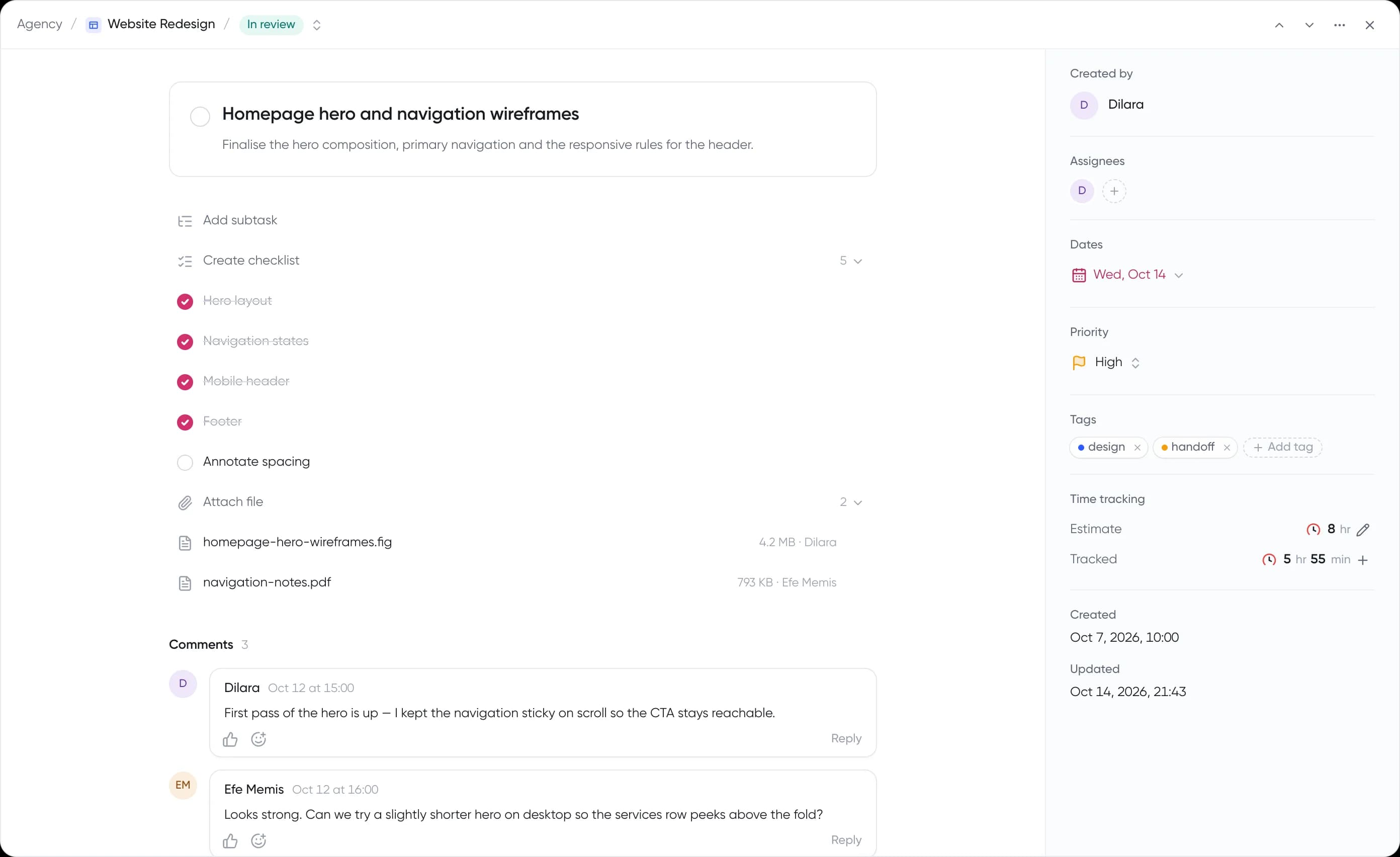 A task window with subtasks, files and comments